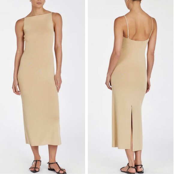 BEST DISSH Taylor Knit Midi Dress Sand Tan Beige Stretch Cocktail Causal Vacatio - Picture 1 of 11